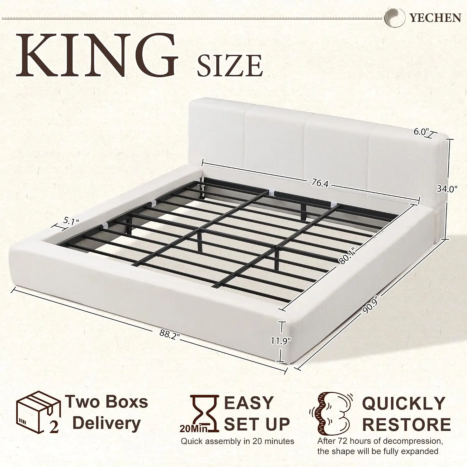 King Upholstered Platform Bed Frame 6'' Headboard 5.1'' Foam Metal Floor Support Easy Assembly No Box Spring Ivory, Customized
