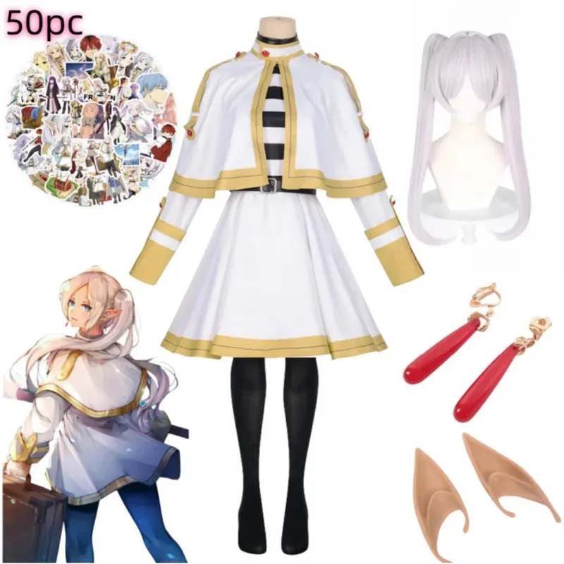 

Sousou No Frieren Cosplay Anime Frieren Mage Uniform Wig Socks Dress Ears Earrings Sticker Halloween Party Costume