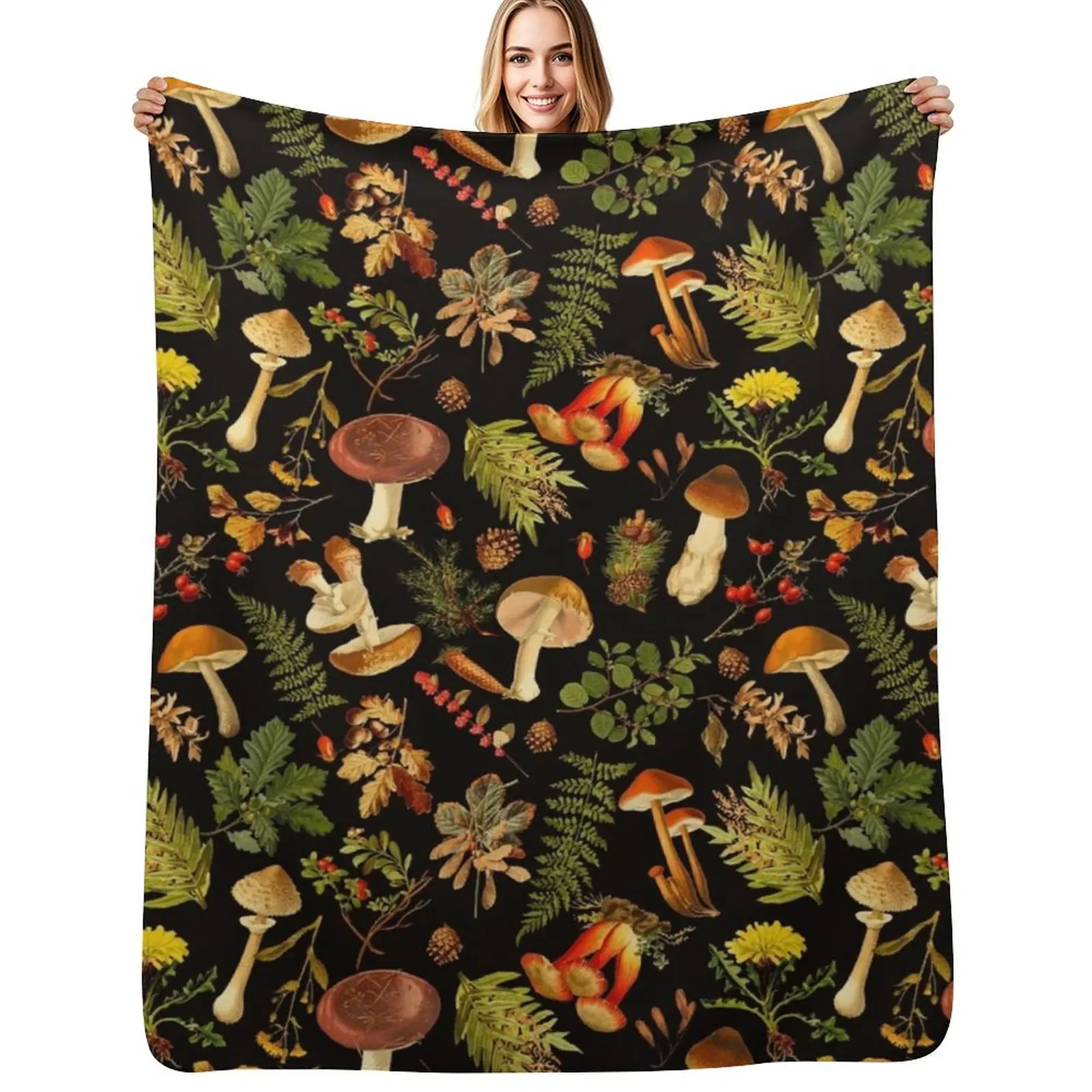 

Vintage toxic mushrooms forest pattern on black Throw Blanket Moving Luxury Extra Large Throw Summer Beddings Blankets