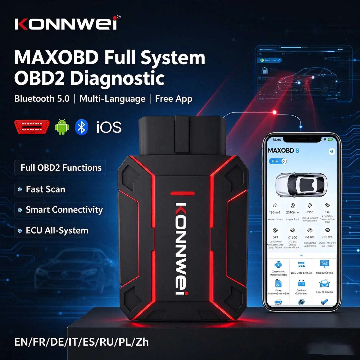 2026 MAXOBD KONNWEI Car OBDII Full System Fault Diagnostic Tool Deep Scan Bluetooth Connection Monitoring System OBD2 Scan Tool