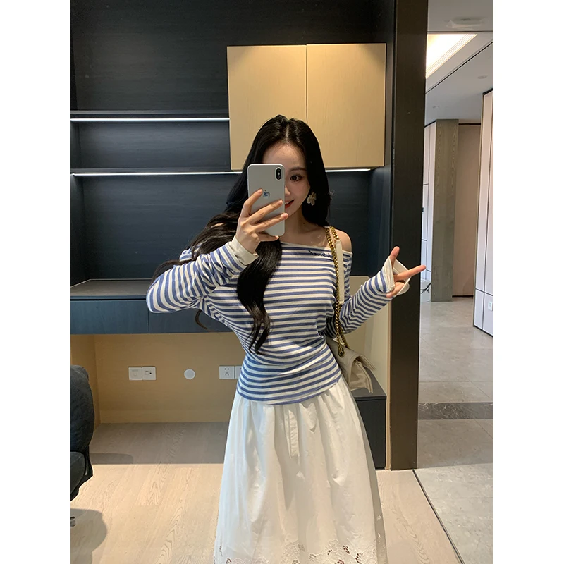 

Корейский комплект из полосатой футболки с длинным рукавом и юбки XIN, весенняя коллекция X625Y0283X625G02832, женский наряд из смесового шелка
