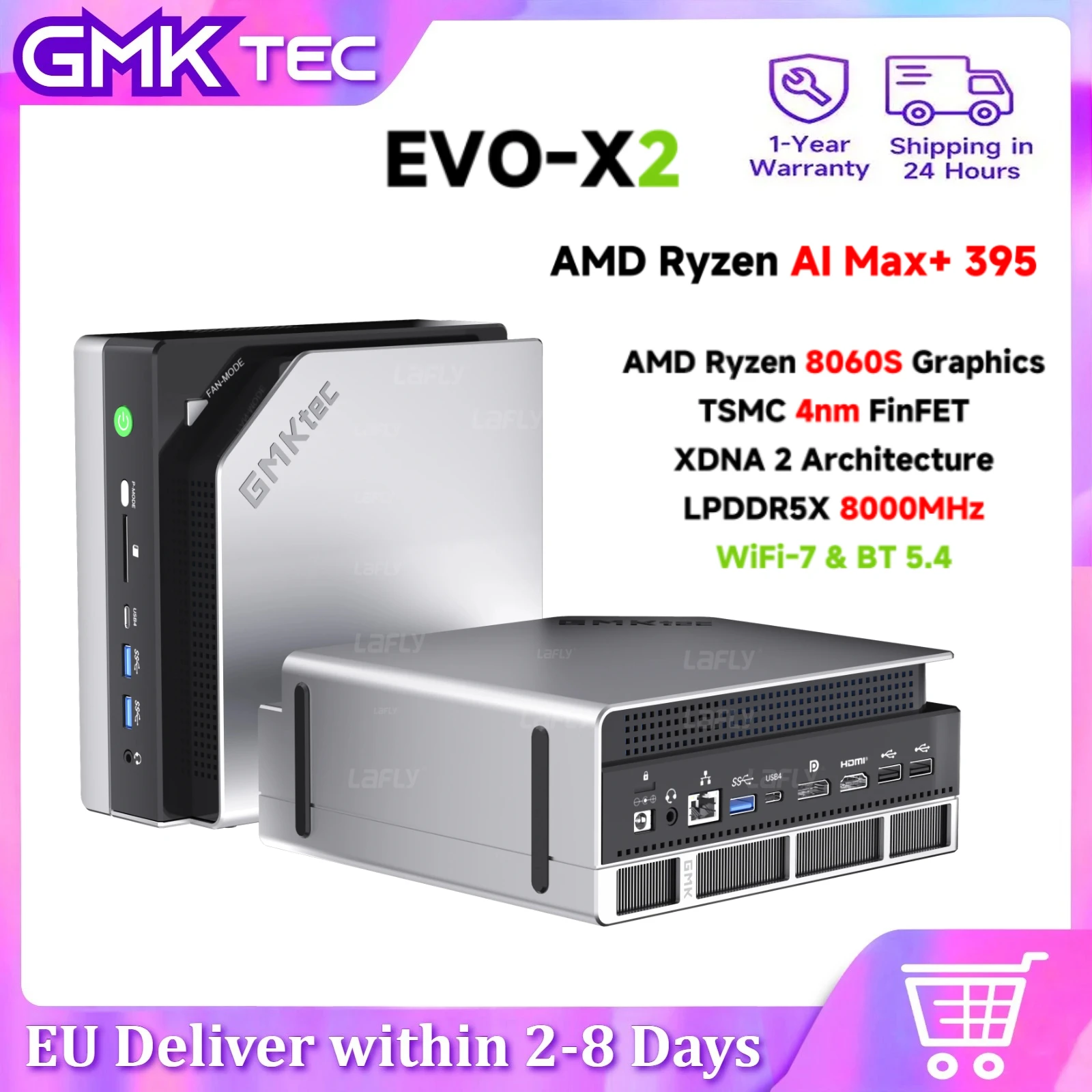 GMKtec EVO-X2 AI كمبيوتر صغير AMD Ryzen Al Max + 395 128GB LPDDR5X 8000MHz (16GB * 8) 2TB PCIe 4.0 SSD WiFi 7 BT5.4 كمبيوتر ألعاب صغير