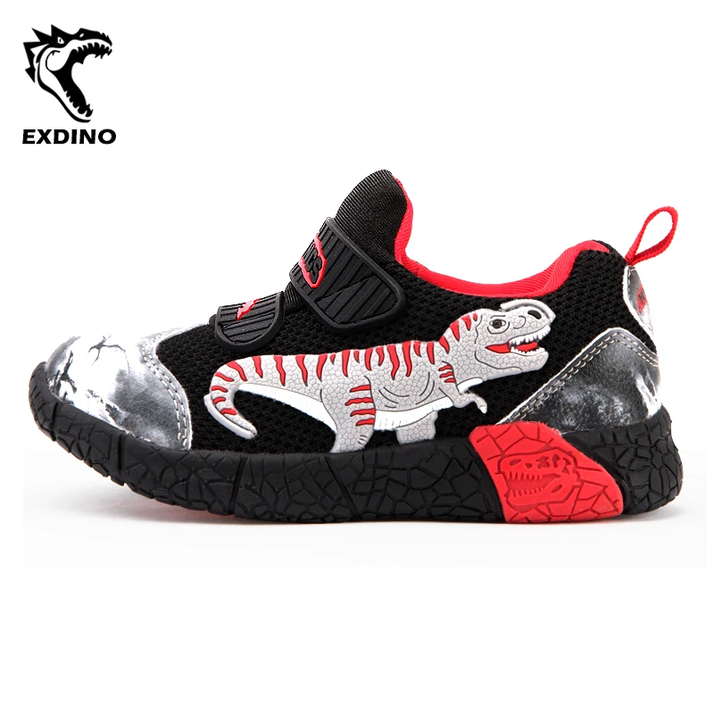 EXDINO Spring Boys Children Shoes Mesh Breathable Kids LED Light Up T-Rex Glowing Sneakers Girl Outdoor Casual Shoes Comfortable