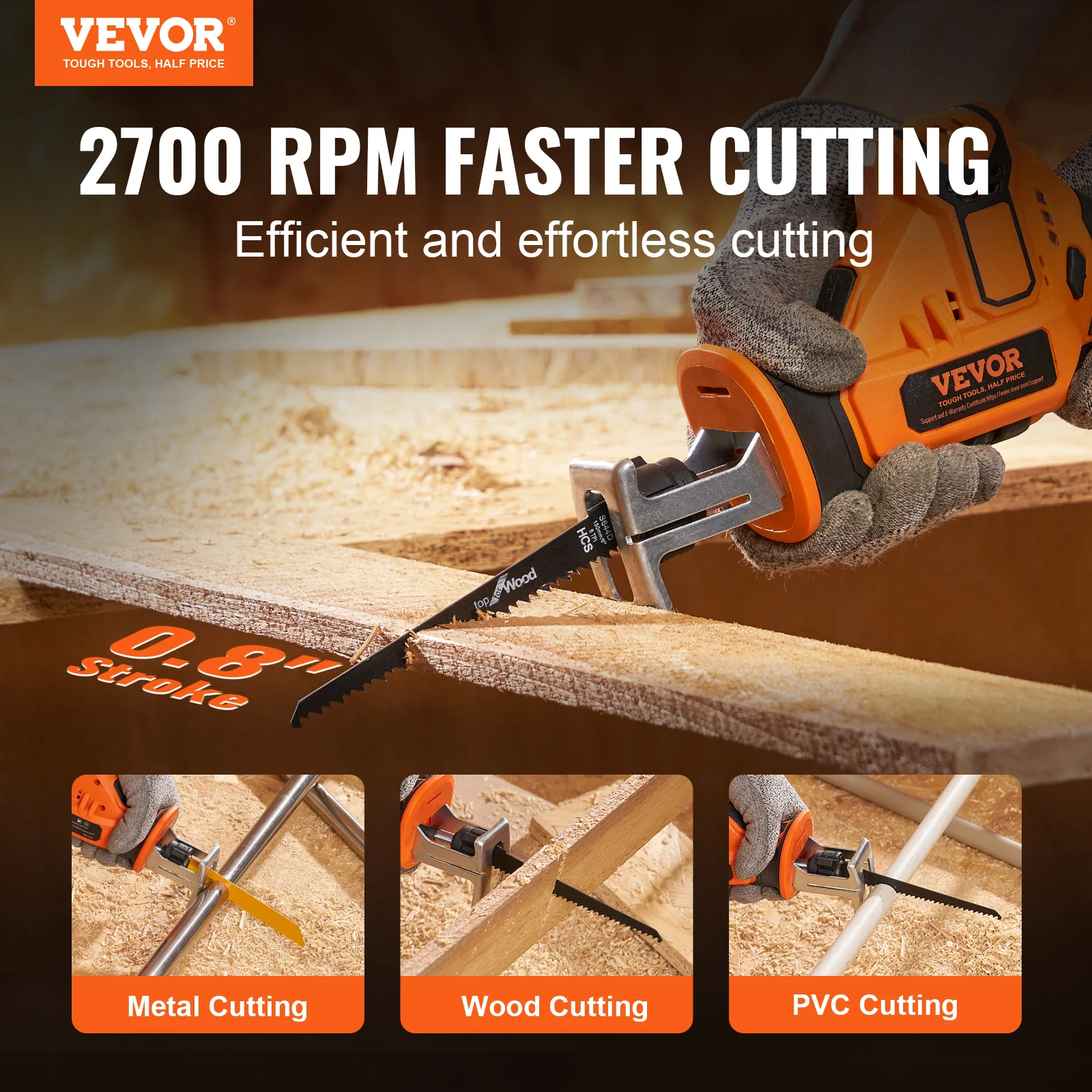 VEVOR 0-2700RPM Cordless Reciprocating Saw Variable Speed 0.8in Stroke Fast Cutting 12V 45 Mins Fast Wireless Charging