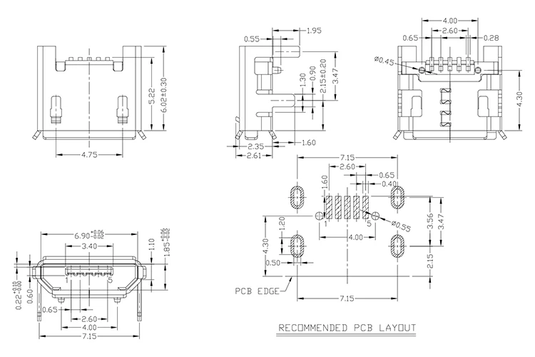 マイクロUSBコネクタ,5ピン,長さ4方向,フラット/ホット/ウィンド,l = 6.0/6.6mm, 10個