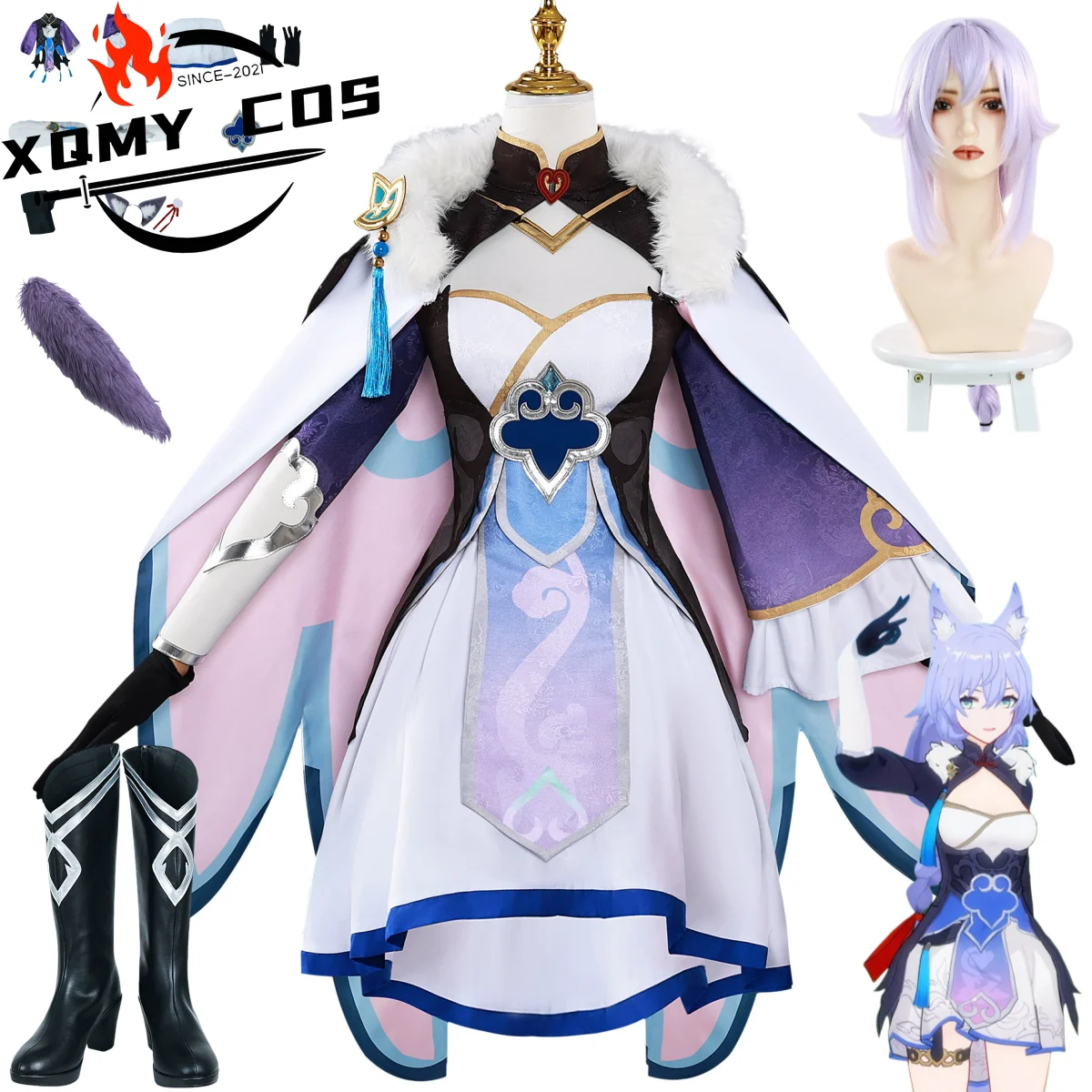 XqGame Baiheng Honkai: disfraz de Star Rail, peluca, capa con Cuello de piel púrpura, abrigo, falda, zapato, traje de Navidad Kawaii Sexy para mujer