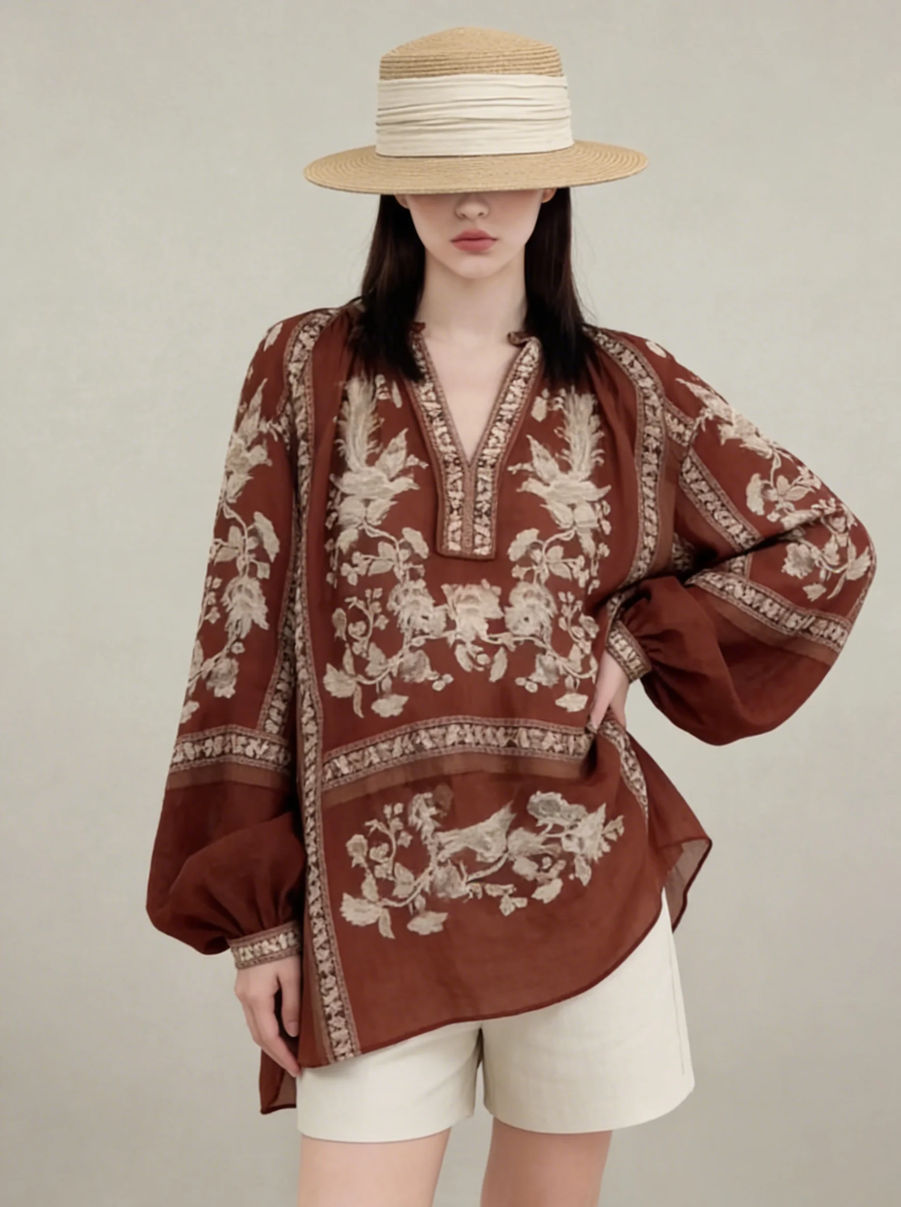 

Retro Ethnic Style Long Sleeve Silk Women's Shirt Spring New Fashion Lovely Casual Loose Fit Printed Blouse for Ladies