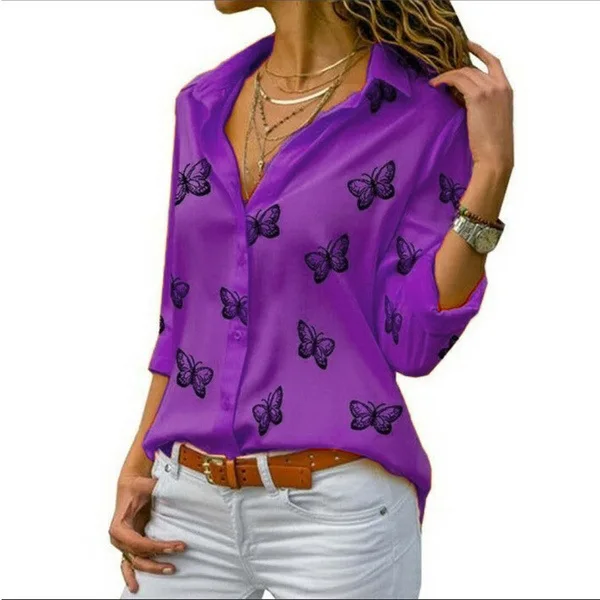 

2025 Oversized S-5XL Women Butterfly Print Loose Blouse Shirts Summer Female Long Sleeve Button Baggy OL Workwear Tops