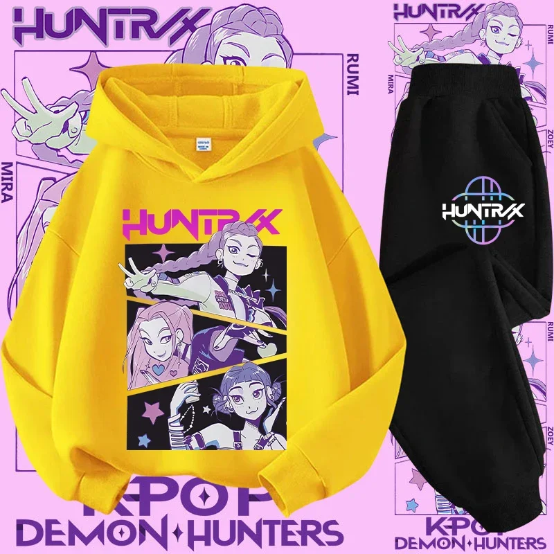 

K-pop Demon Hunter Cartoon Print Sport Shirt 2 Pieces 2026 New Style Cute Girl Cool Casual Shirt for Children with Hoodie Set