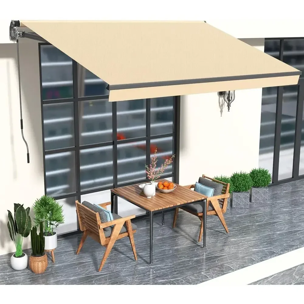 10x8 Manual Retractable Awning, UV and Water-Resistant Beige Polyester, Ideal for Patio, Balcony, Yard, and Deck