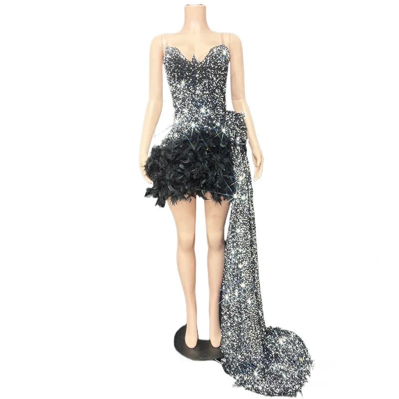 반짝이는 스팽글 볼 가운 럭셔리 깃털 꼬리 투투 생일 파티 사진 하이 엔드 드레스 호스트 성능 졸업 드레스