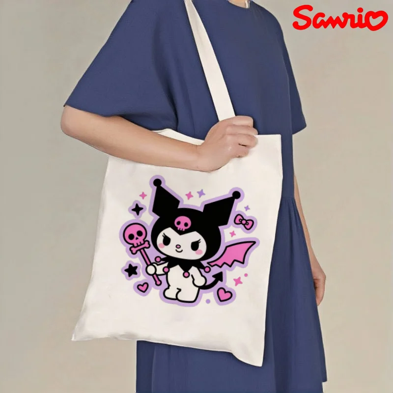 

1pc Sanrio Kuromi Magic Wand Print Canvas Tote, Reusable Casual Shoulder Shopper