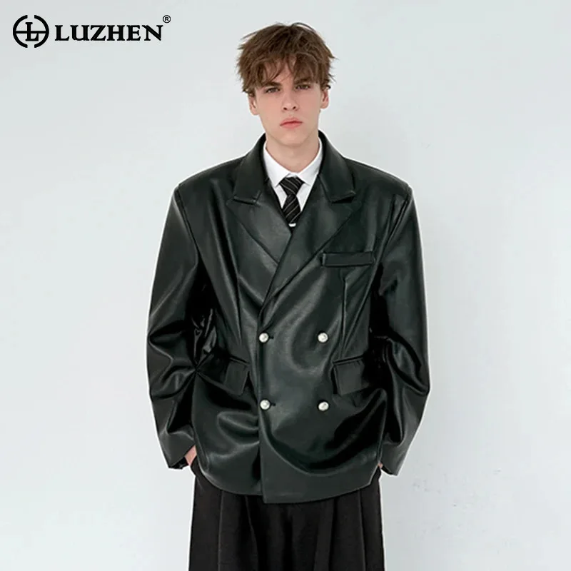 

LUZHEN 2025 Новый однотонный двубортный элегантный кожаный пиджак, мужской модный роскошный красивый пиджак высокого качества JY5218