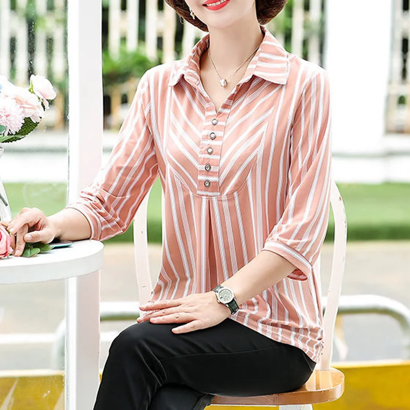 Summer New POLO Collar Fashion Three Quarter Blouse Women Elegant Casual Loose Pullovers Button Patchwork Striped Printing Tops