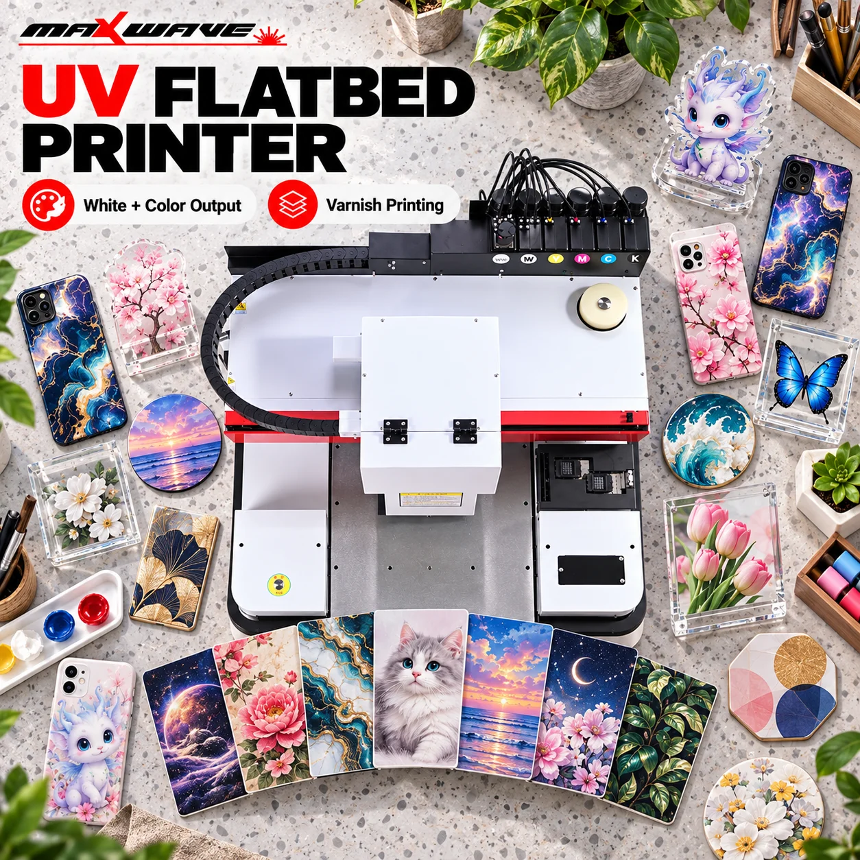 UV Flatbed Printer with White Color and Varnish Printing for Multi Product Customization