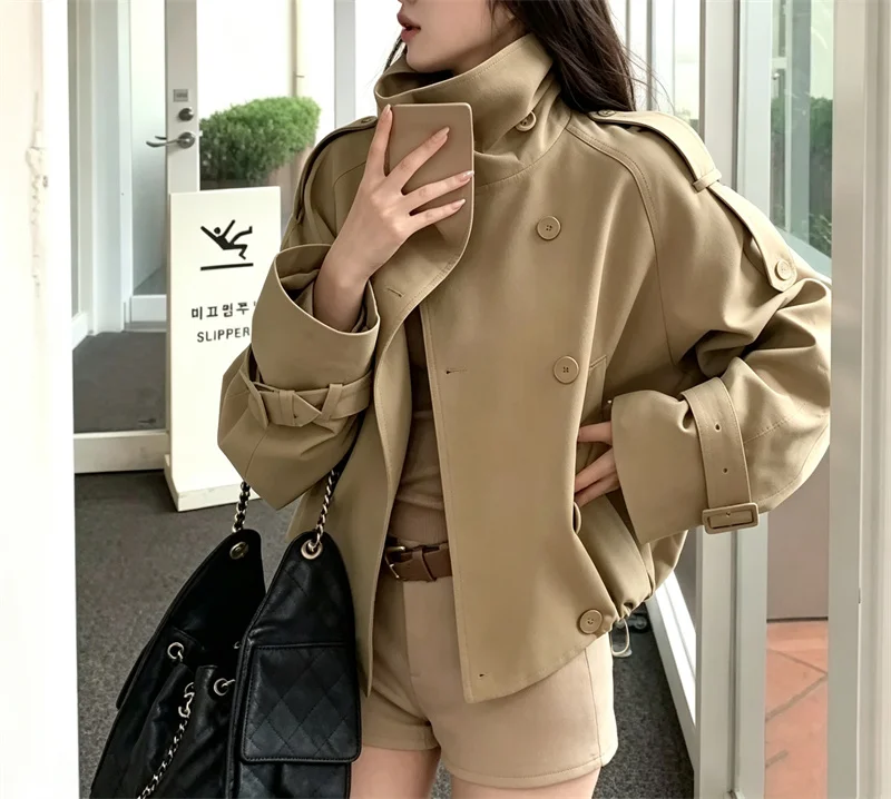 2026 Spring Autumn Women Cropped Trench Coat Double Breasted Loose Windbreaker Casual Stand Collar Belted Outerwear Jacket
