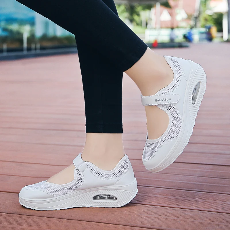 Women Summer Lightweight Sneakers Lady Air Cushion Running Sport Shoes Breathable Quick Dry Velcro Soft Flat Shoes