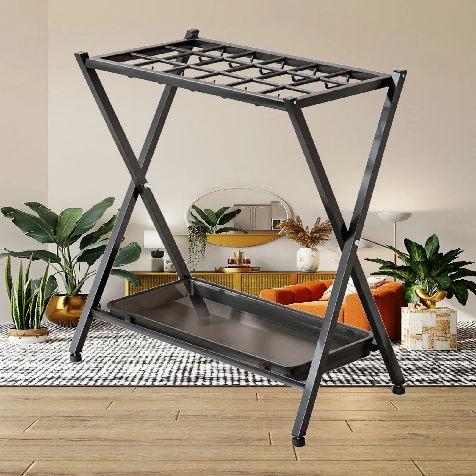 Freestanding Equipment Rack for Ski Poles Fishing Rods and Long Tools Iron Art Frame with Slots and Hooks