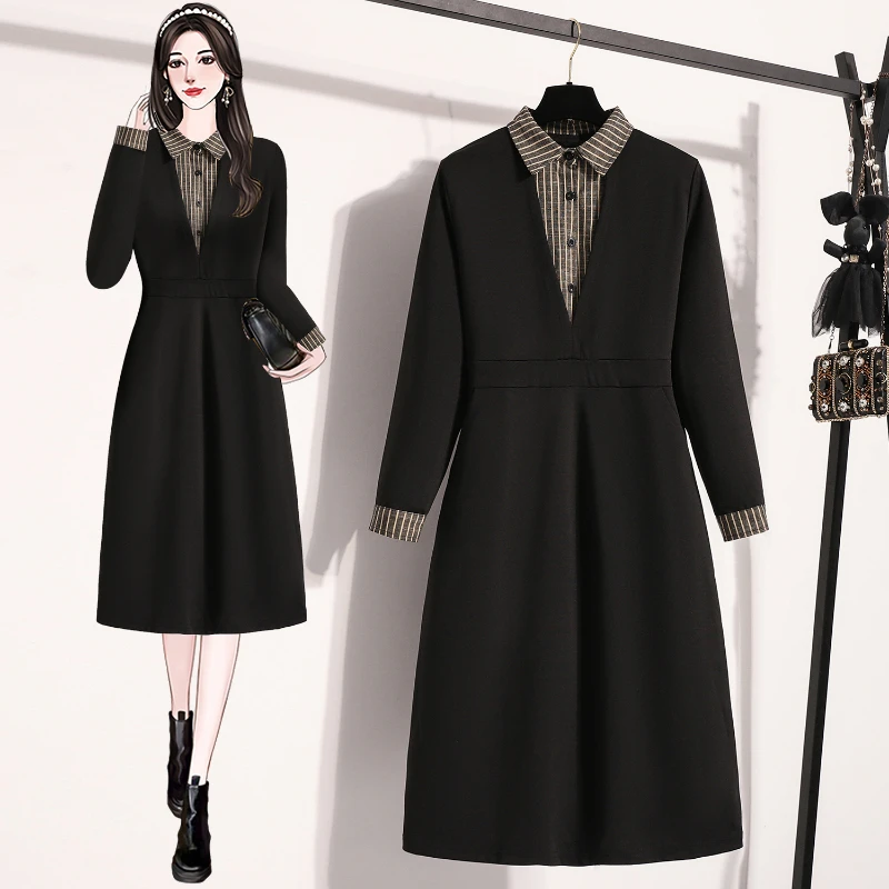 Luźne sukienki damskie Plus Size Fake Two Piece Autumn Winter Black Dress Patchwork Lady Vestidos Female Robe Clothing KE7020