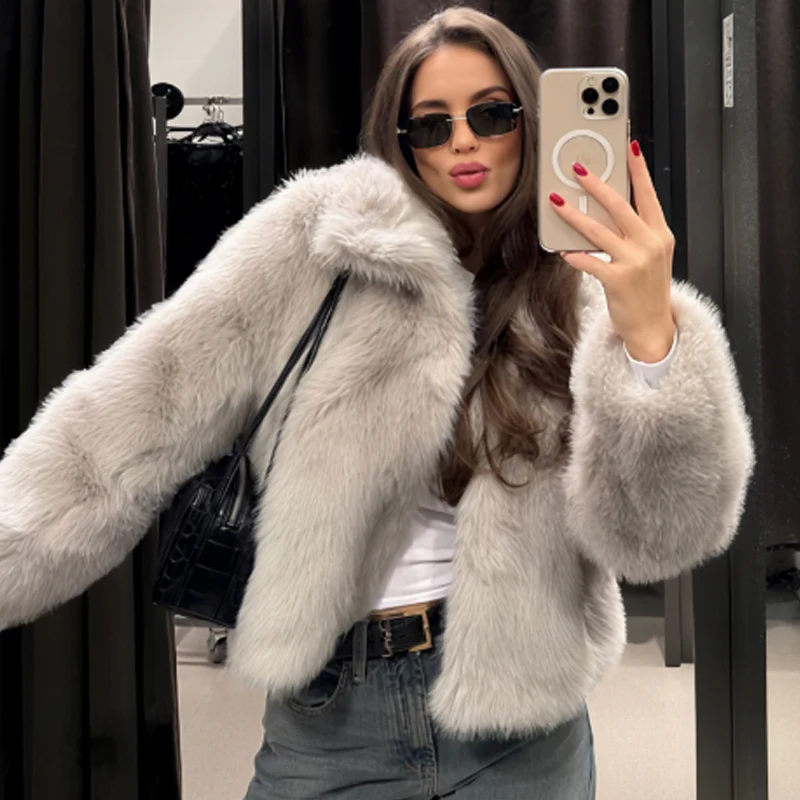 HXAO Faux Fur Coat Women's Jacket Autumn Winter 2025 Elegant Fluffy Red Grey Outerwears Female Plush Cropped Long Sleeve Jackets