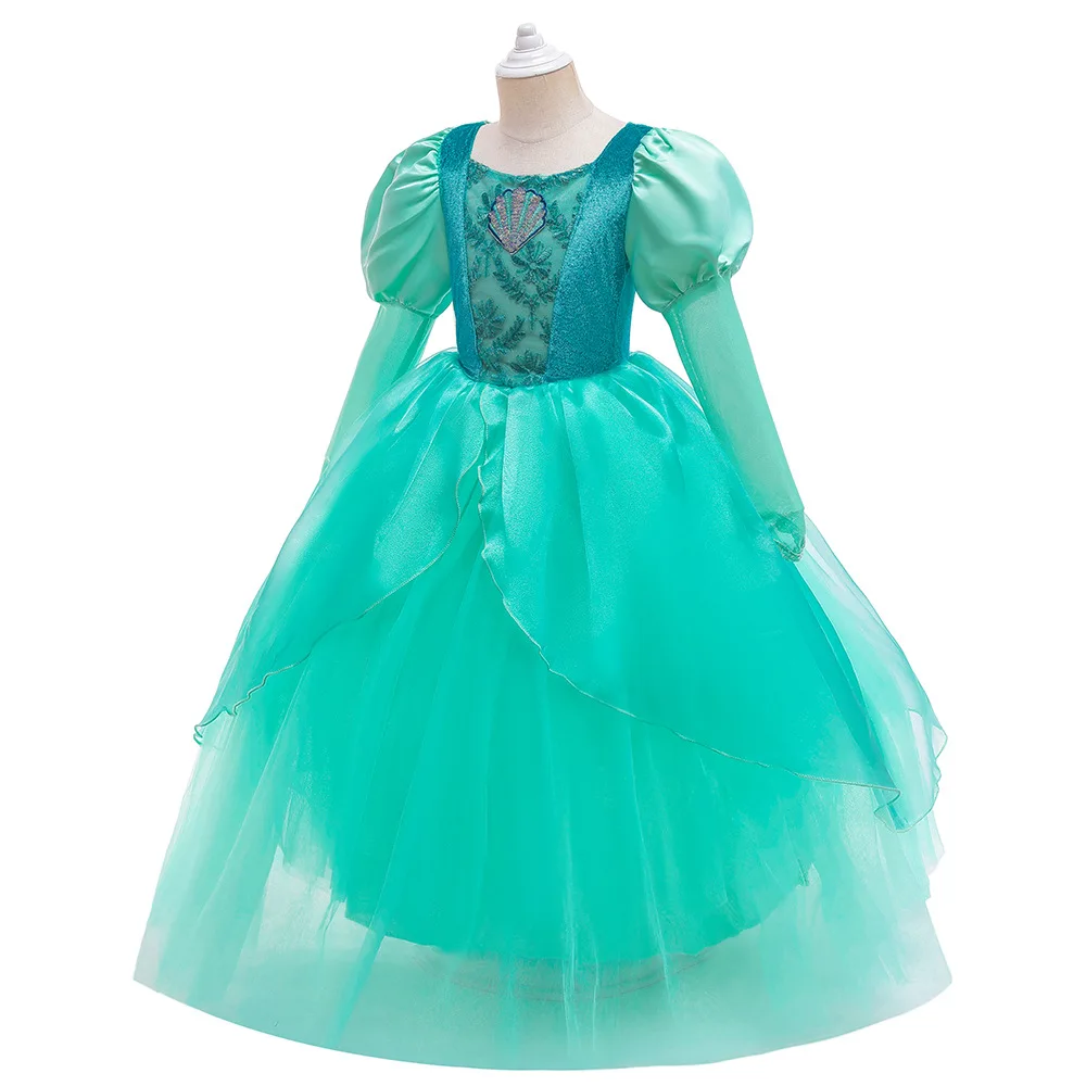 Little Mermaid Dress For Girls Cartoon Disney Princess Theme Party Costume Kids Sequin Applique Floor Length Tulle Fluffy Frocks