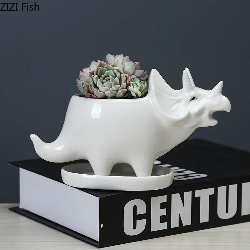 Creative Ceramic Vase Flower Pot Color Dinosaur Triceratops Cartoon Flower Arrangement with Tray Children's Room Home Decoration