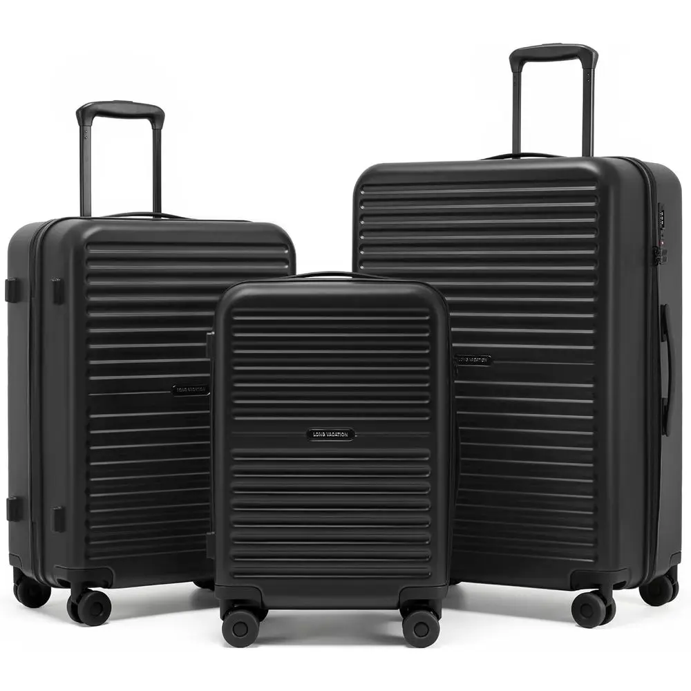

Black 3 Piece Long Vacation PC Lightweight Hard Shell Luggage Set Spinner Wheels TSA Lock Checked Travel Suitcase