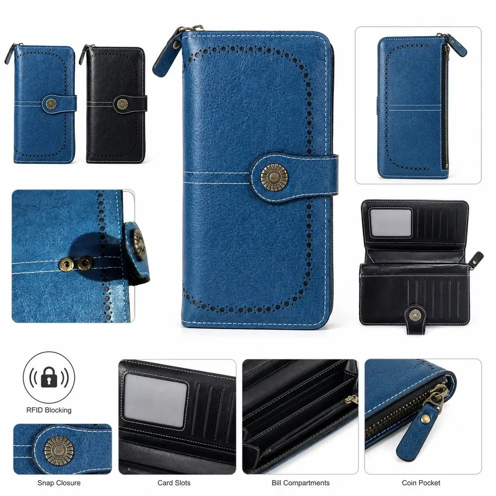 New PU Long Wallet Snap Closure RFID Blocking Coin Wallet Decorative Stitching Vintage Style Cash Storage Card Organization