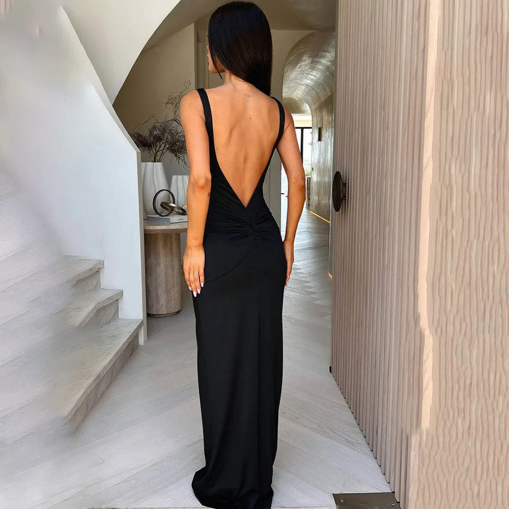 2025 Estate delle nuove donne sexy aderente clubwear vino rosso con spalline cut-out backless increspato maxi vestito slim fit vestito da partito della signora