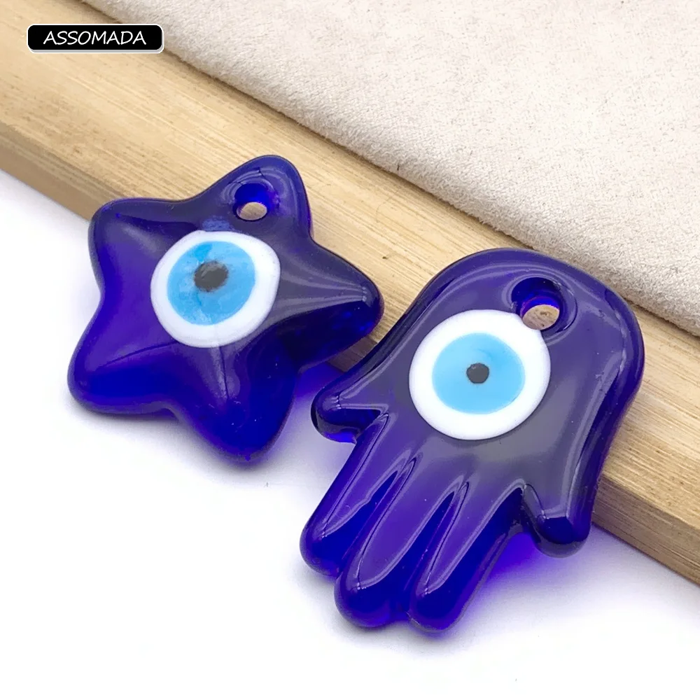 ASSOMADA Evil Eye Hamsa ręka oczarowuje szczęśliwe niebieskie oczy dla DIY breloczek po turecku wisiorek w kształcie gwiazdy ręcznie wykonana dekoracja akcesoria do prezentów
