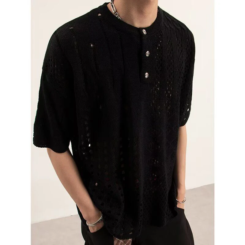 Men Hollow Out Knit Short Sleeve T-shirt 2026 New American Retro Casual Knitwear Breathable Loose Henley Neck Summer Streetwear