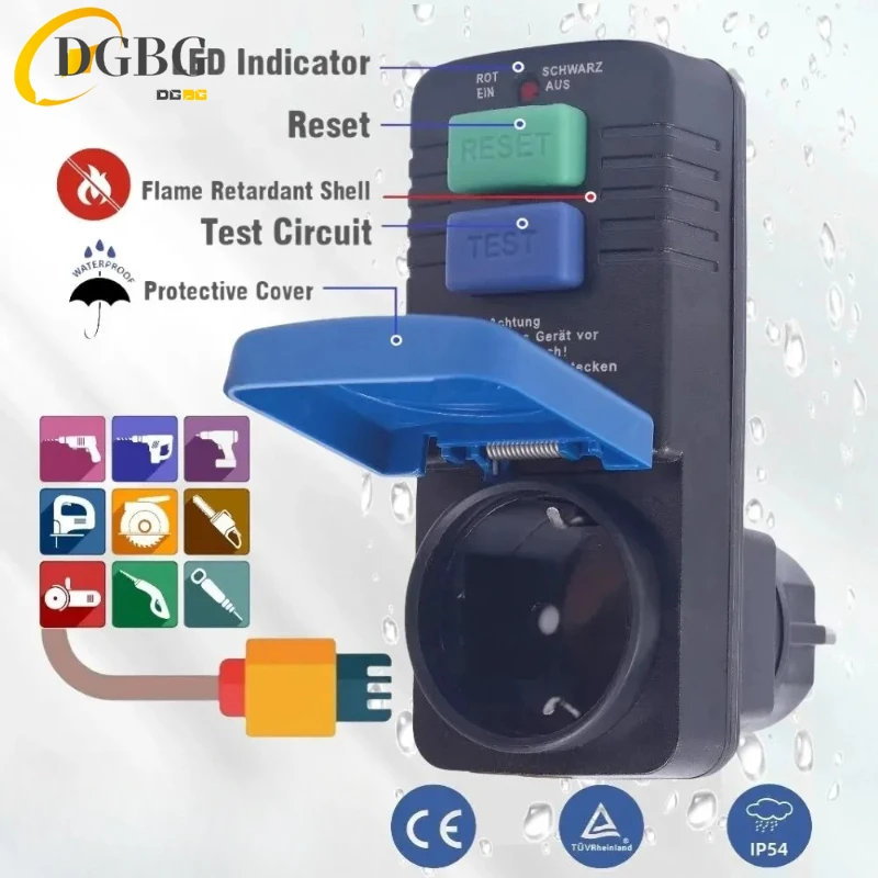 Personal Safety Protection Adapter Plug PRCD Socket FI Circuit Breaker Secure Connector for Outdoor Anti-Electric Shock IP54 16A