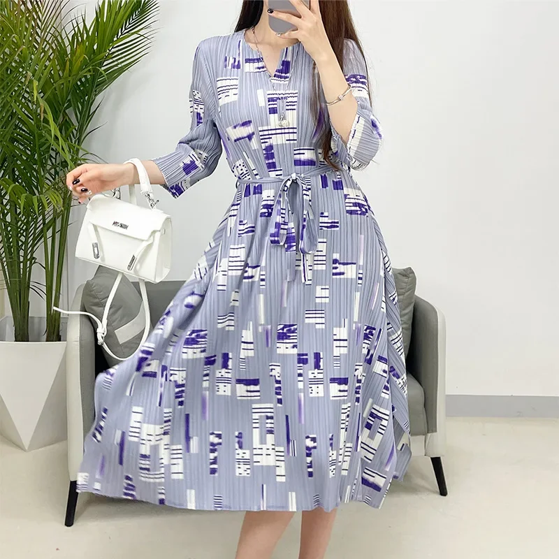 

Miyake Pleated Dress Women's 2024 Spring and Summer New Casual Print Slimming Slim High-end Long Skirt Women's Pleated Clothing