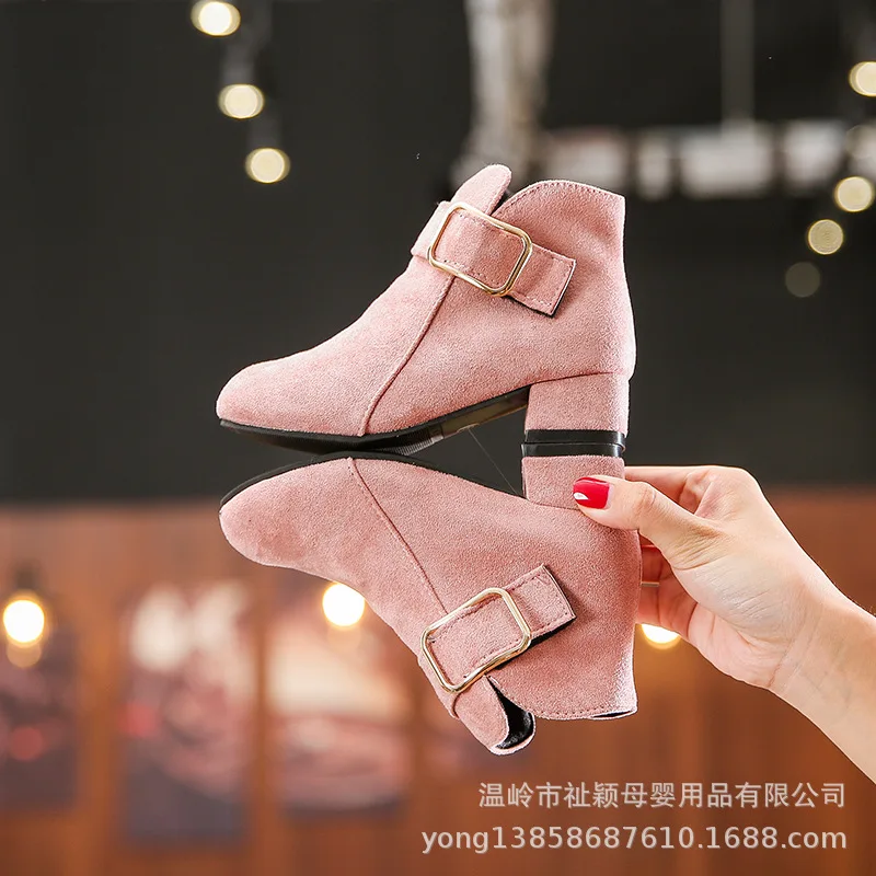 Girls High Heel British Style Princess Shoes New Children Solid Color Short Boots Kids Buckle Ankle Strap Velcro Fashion Boots