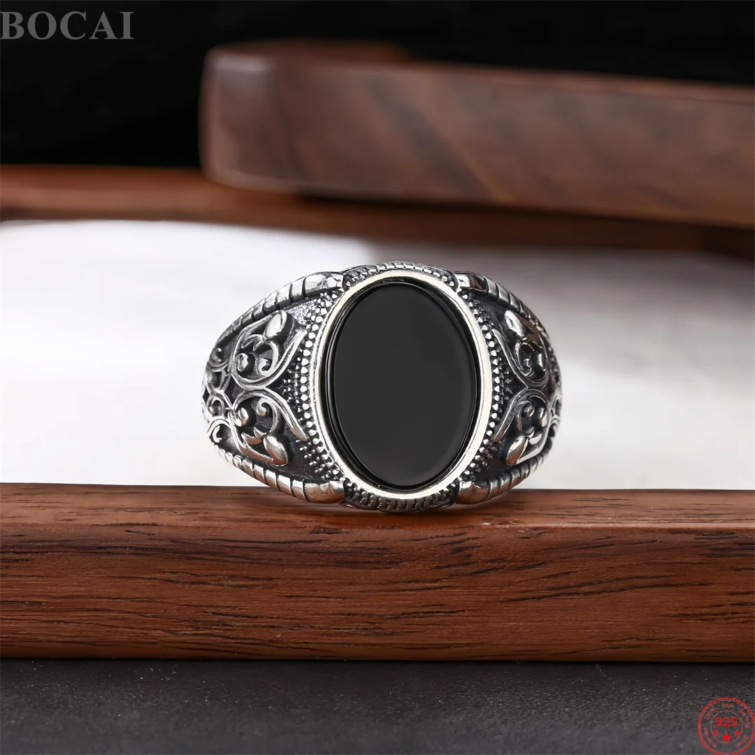 bocai-new-s925-sterling-silver-charms-rings-for-men-antique-pattern-inlaid-black-agate-adjustable-ring-fine-choice-jewelry