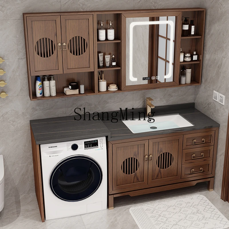 

HJ new Chinese red oak bathroom cabinet combination solid wood washbasin bathroom integrated high and low laundry cabinet