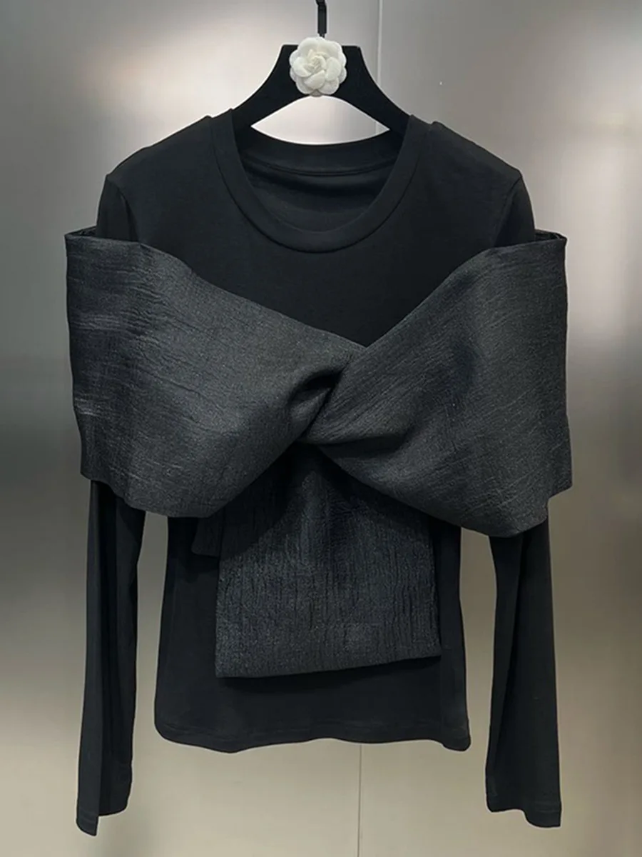 

Solid Spliced Bowknot T Shirt For Women O Neck Long Sleeve Patchwork Mesh Casual Temperament T Shirts Female Style