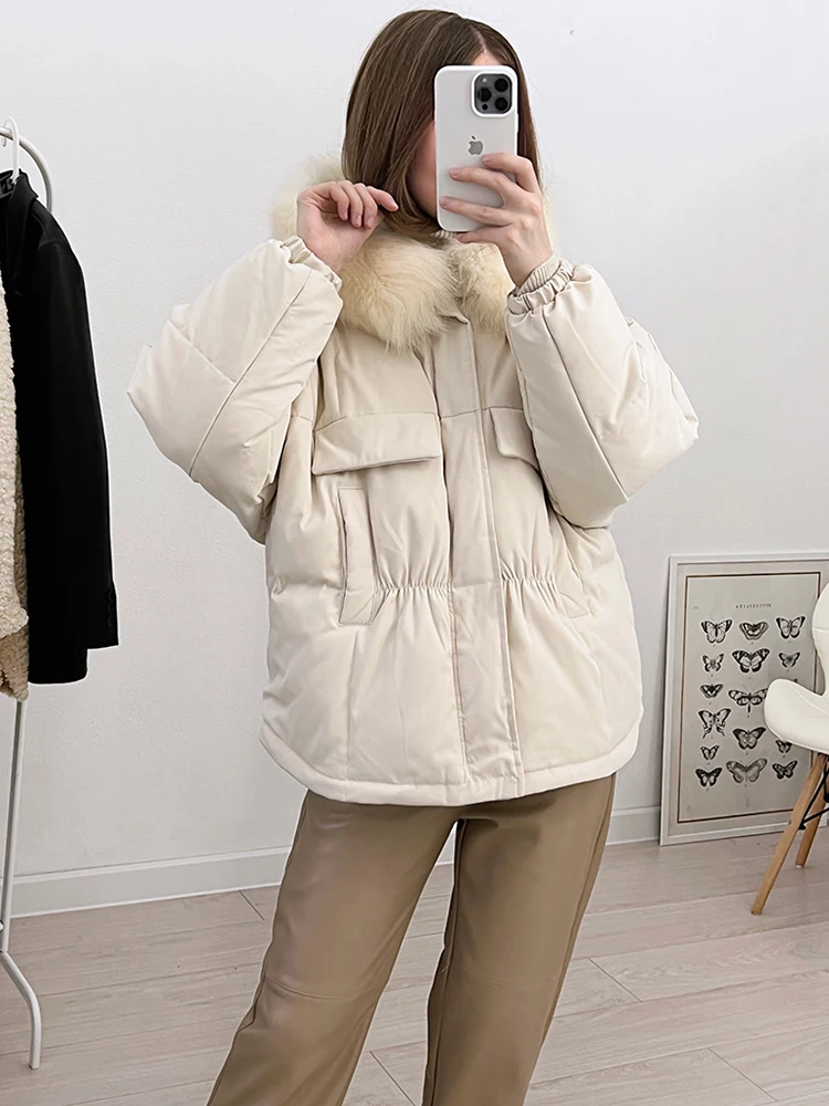 FTLZZ Winter Women White Duck Down Coat Large Real Fur Hooded Jacket Casual Loose Drawstring Thick Warm Puffer Parka Outwear