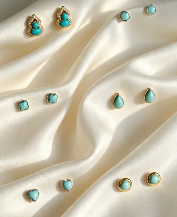 Popular 925 Silver Natural Turquoise Multi-Shape Ear Stud Gourd Love Small Gems Blessing Huggie Earring Basic Anti Allergy Jewel