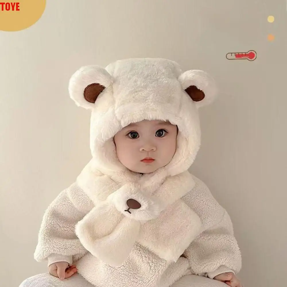 

Solid Color Bear Plush Hat Korean Style Fashion Design Children Fleece Hat Cloth Accessories Muffler Plush Hat with Scarf Kid