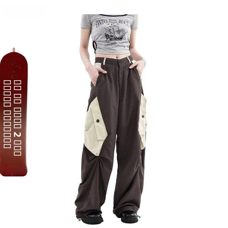 

XFX American Retro Contrast Color Large ket Loose Wide Leg Casual Pants Women's Straight Tube Spor Long Trousers Trendy