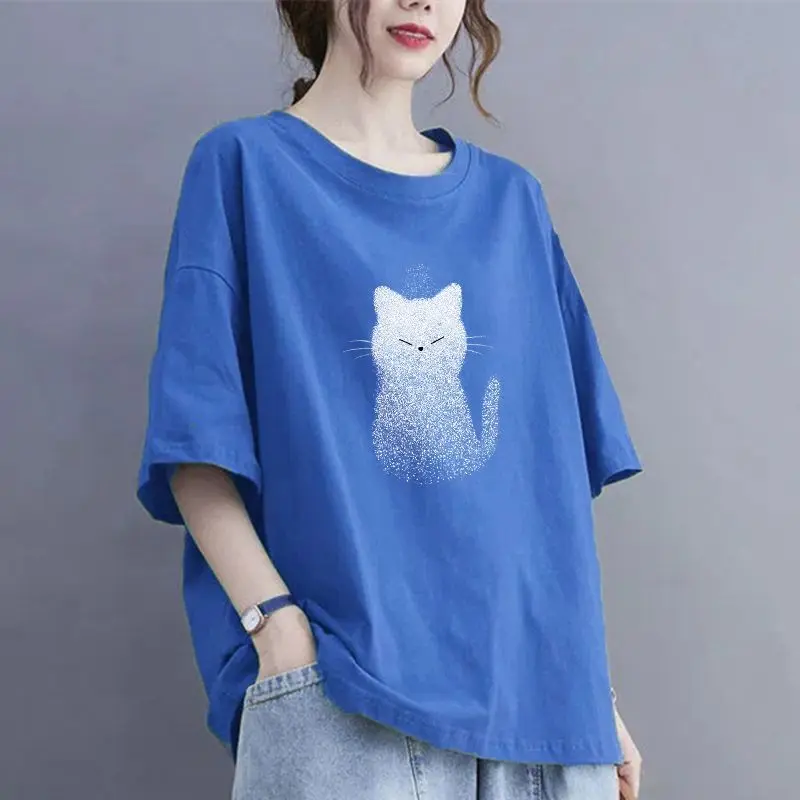 Oversized Cotton Half Sleeve T-Shirt Summer Casual All-match O-neck Loose Top Tee Ladies Simplicity Pullover Cartoon Tee Shirt