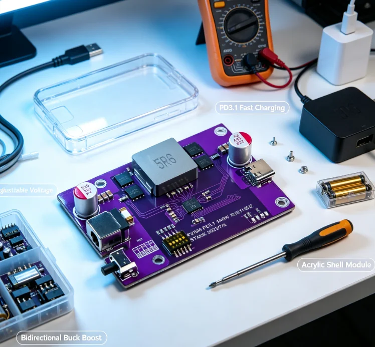 PD3.1 Two-way Buck Boost Fast Charging Module With Acrylic Case Adjustable Quick Charge Circuit Board