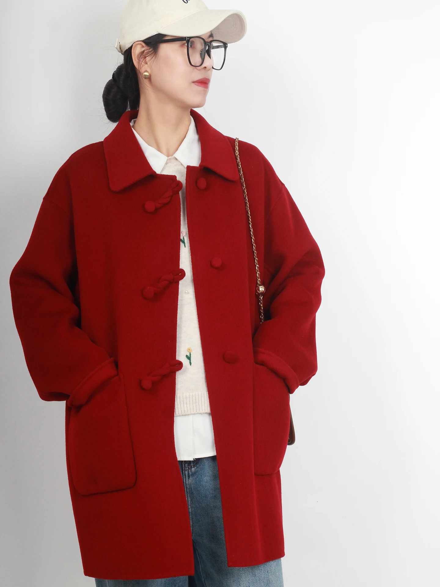 

Двусторонний шерстяной пальто-кимоно для женщин больших размеров в традиционном китайском винтажном стиле, цвет винный красный, для среднего возраста...