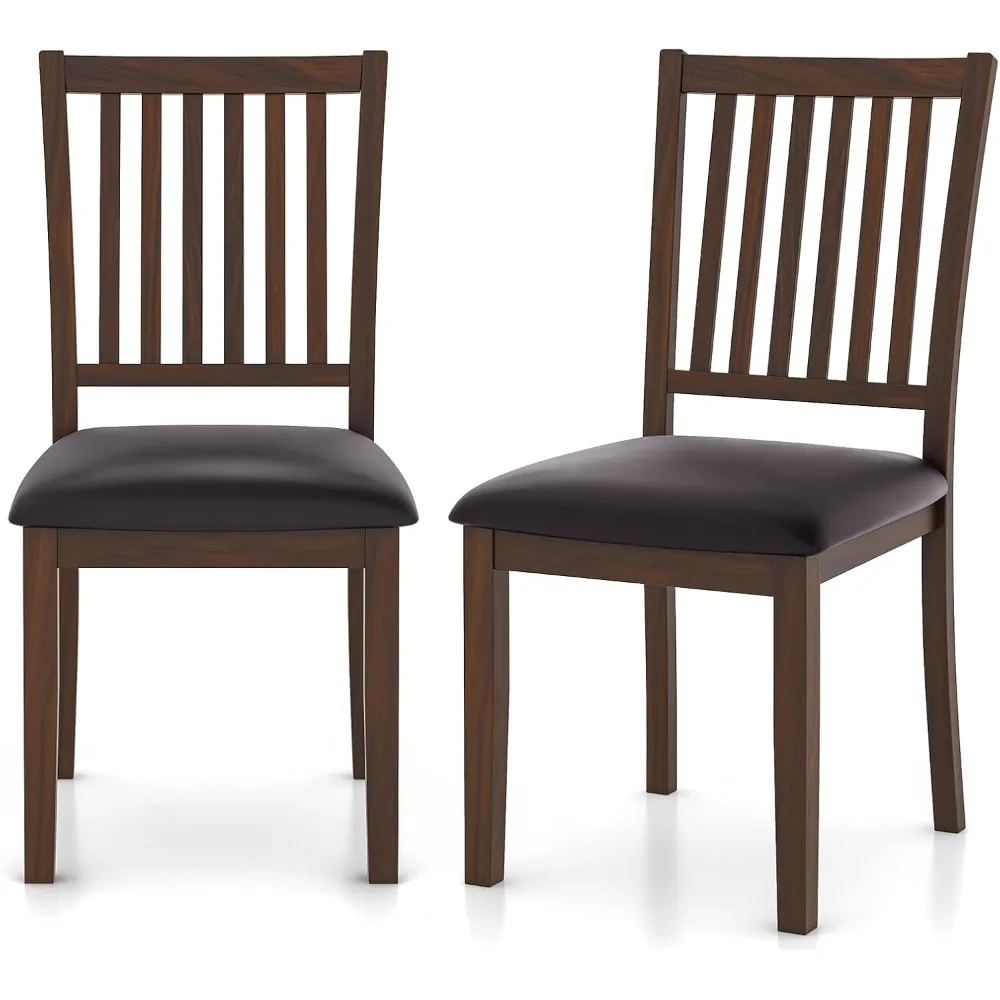 Pair of Upholstered Farmhouse Dining Chairs with Slat Back, PVC Leather Seat, and Rubber Wood Legs