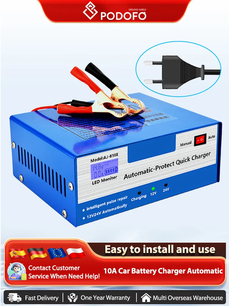 Podofo 10A Auto Batterie Ladegerät EU Stecker Auto Auto Batterie Ladegerät Intelligente Puls Reparatur Blei Säure Batterie Mit Adapter