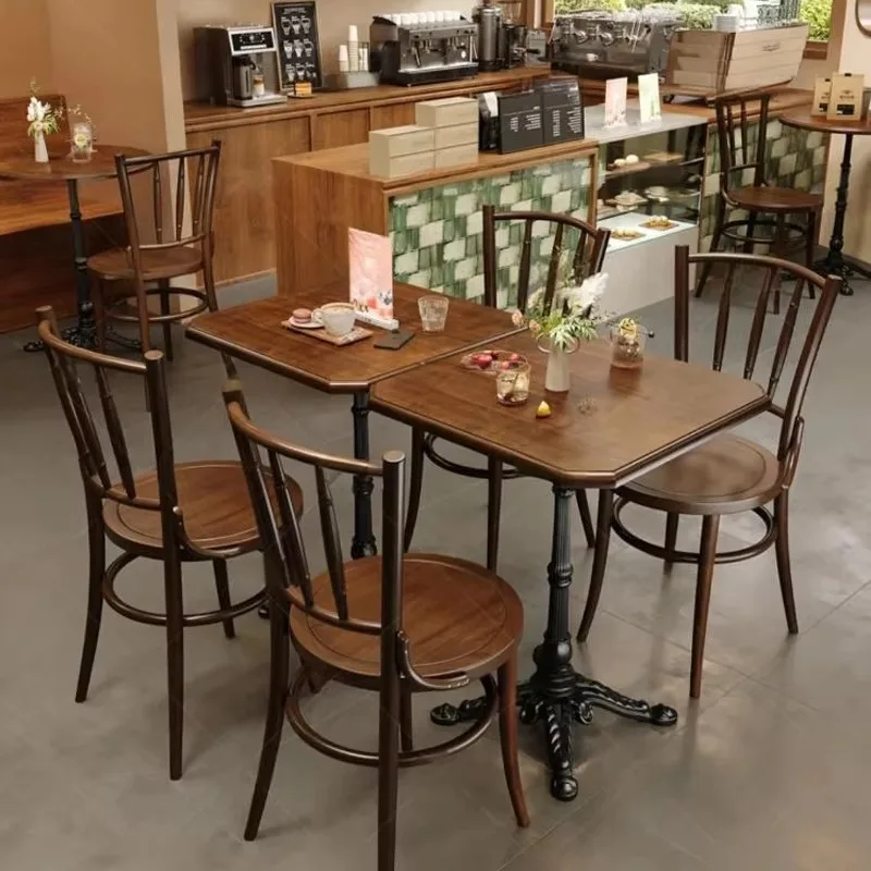 Bulk Popular Exquisite Cafe Indoor Slatted Back Wood Chair Reinforced Thick Solid Wood Frame Table and Chair Set