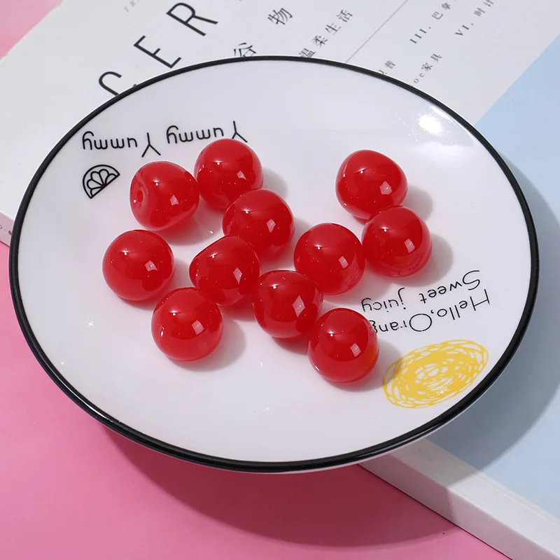 Red Cherry Resin Charms with Bottom Hole 20pcs Simulated Fruit Cherry Resin Decoration Accessories for Girls Hairpin DIY