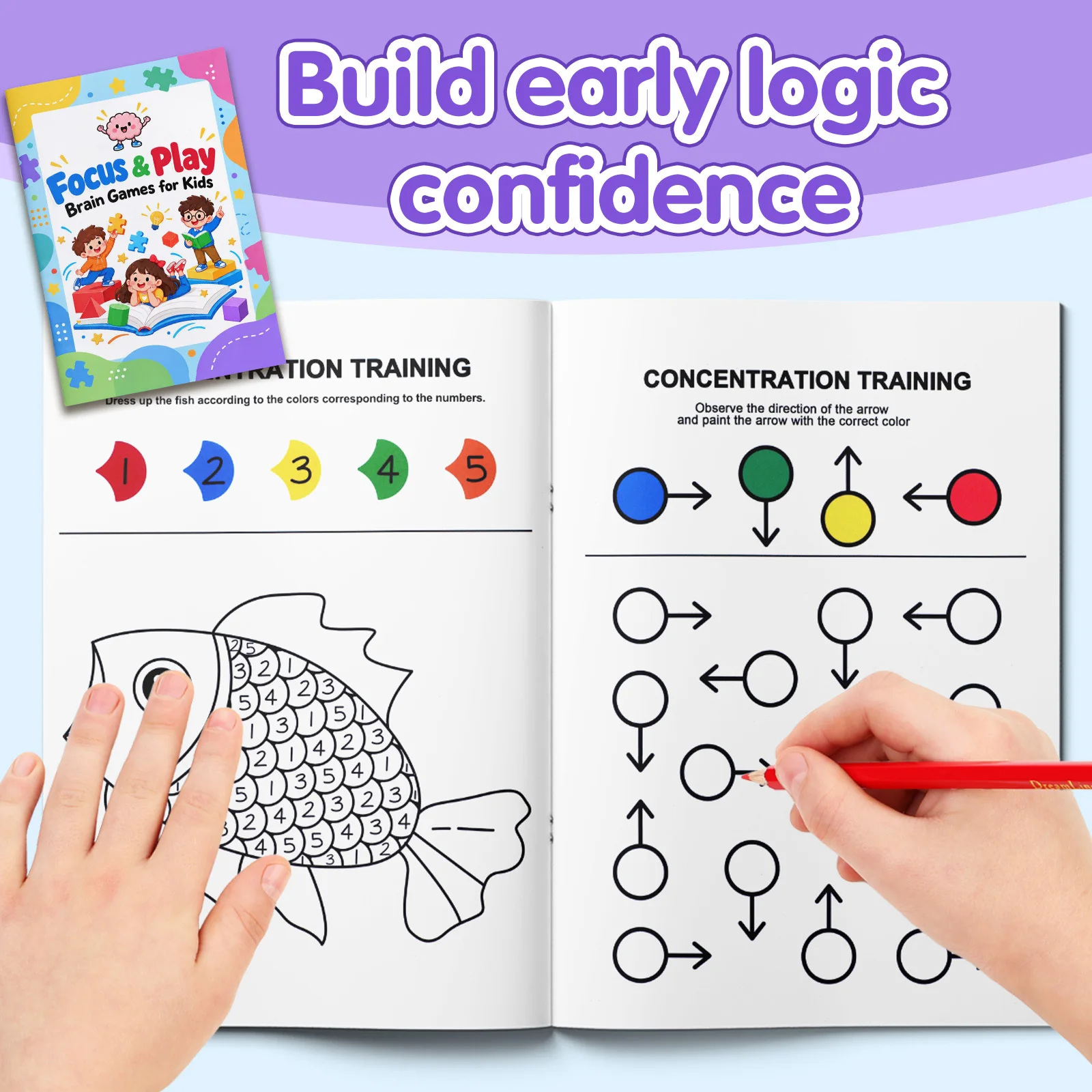 Focus & Play Brain Game Notebooks, Concentration Training, Color and Number Matching, Direction Recognition, Visual Attention