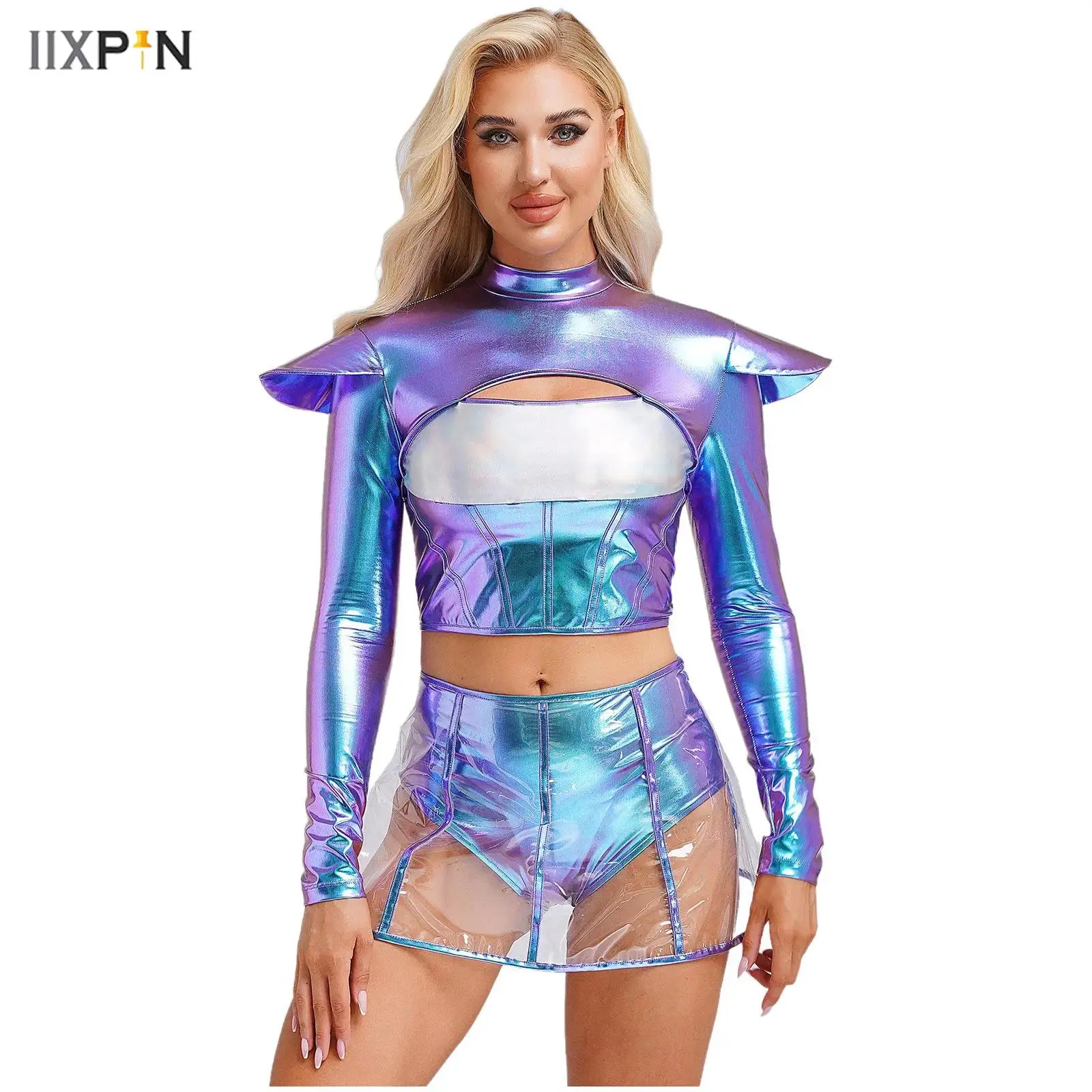 

Women Halloween Alien Outerspace Costume Long Sleeve Hollow Out Cropper Top with Transparent Skirt Role Play Costume Clubwear